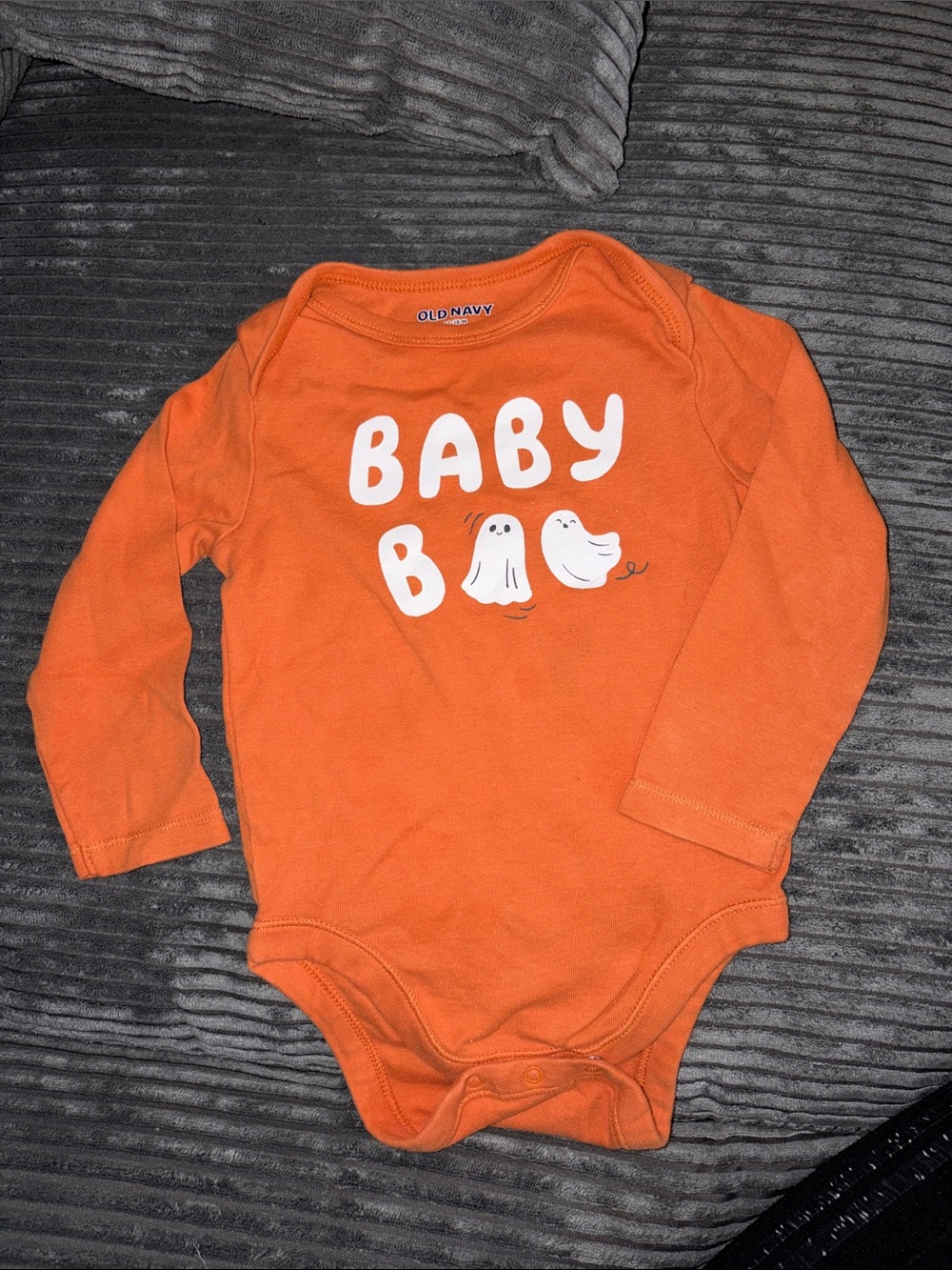 Old Navy Orange Long-Sleeve Baby Bodysuit with White 'Baby' Ghost Print